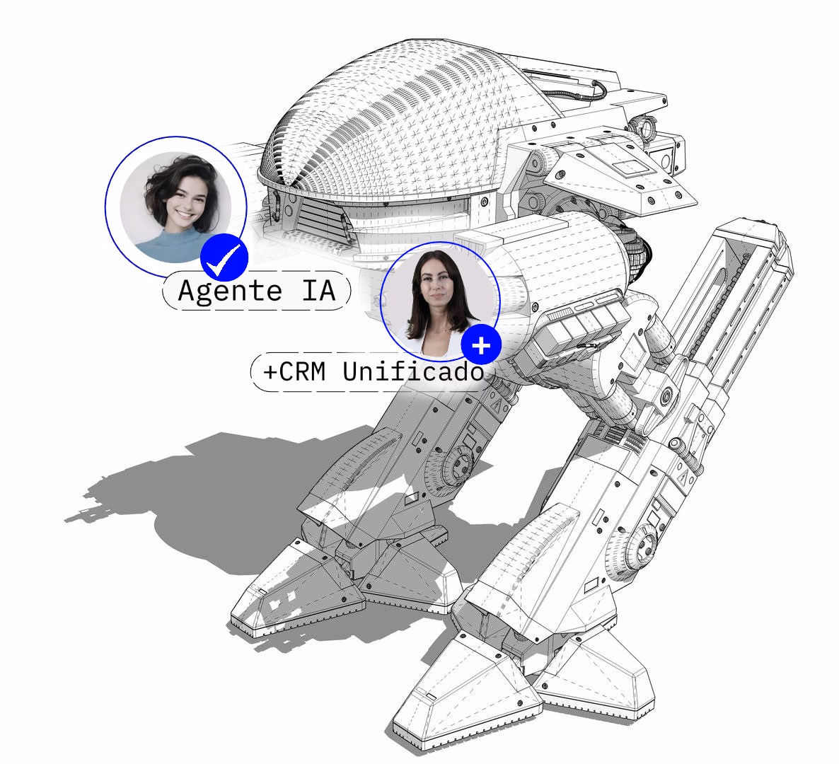 Robot ED-209 moderno representando el chatbot de IA empresarial
